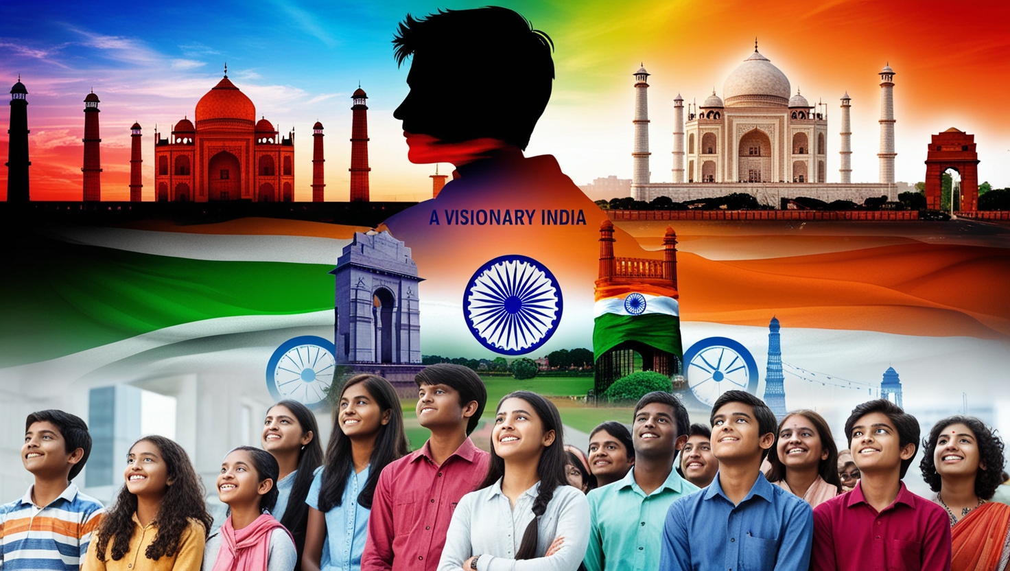 A Visionary India: A vibrant image of an Indian city skyline at sunset, overlaid with a silhouette of a person looking towards the horizon, symbolizing ambition and dreams. Unity in Diversity: A collage of iconic Indian landmarks (like the Taj Mahal, Gateway of India, and Qutub Minar) with a backdrop of the Indian flag, showcasing the country's diverse aspirations. , Future of India: A futuristic image of a cityscape with advanced technology and infrastructure, illustrating India's vision for progress and development. Dreams of the Youth: A close-up image of a group of diverse Indian young people (students, professionals, and artists) looking up with hope and determination, reflecting the aspirations of the nation's youth.