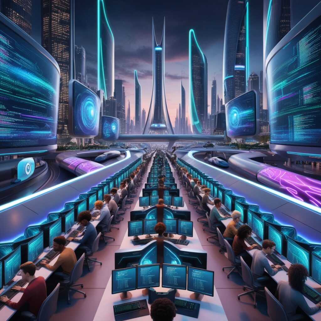 A modern tech hub with people working on computers, advanced technology displays, or a futuristic city with smart infrastructure, representing technological advancement.