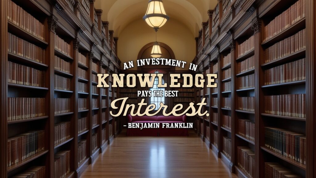 Classic Library Setting Prompt: "Design a classic library interior with rows of bookshelves and a cozy reading nook. Include the quote 'An investment in knowledge pays the best interest.' – Benjamin Franklin in a vintage font style with a slightly aged effect."