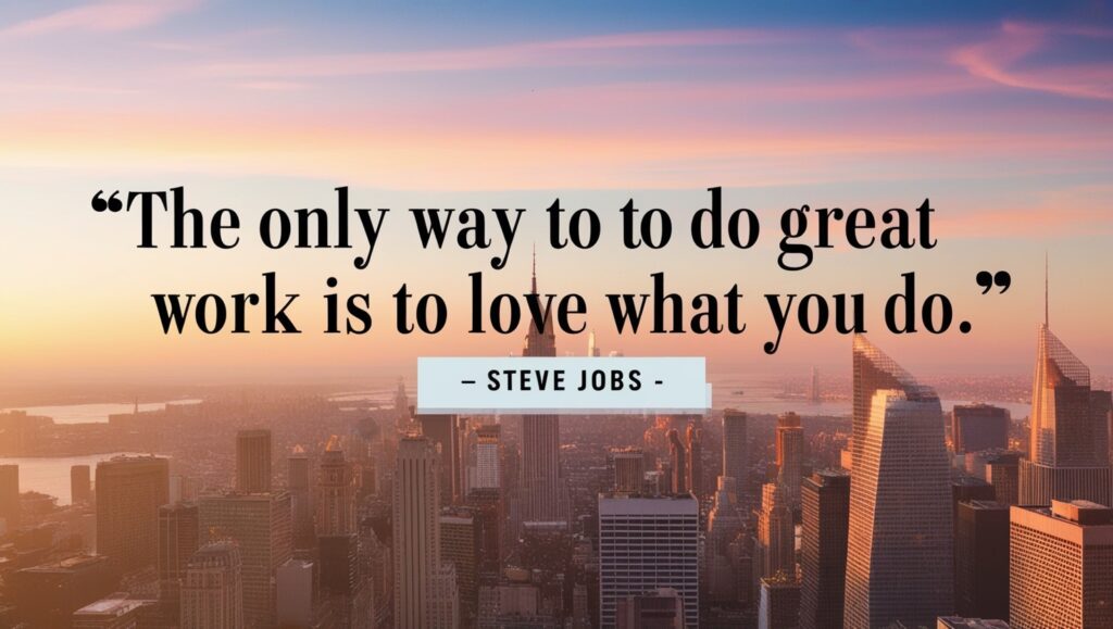 Inspiring Cityscape Background: A breathtaking cityscape at sunrise or sunset, with skyscrapers and a warm glow. Quote: "The only way to do great work is to love what you do." – Steve Jobs Design Elements: Elegant font with a subtle shadow effect to ensure the quote stands out against the city backdrop.