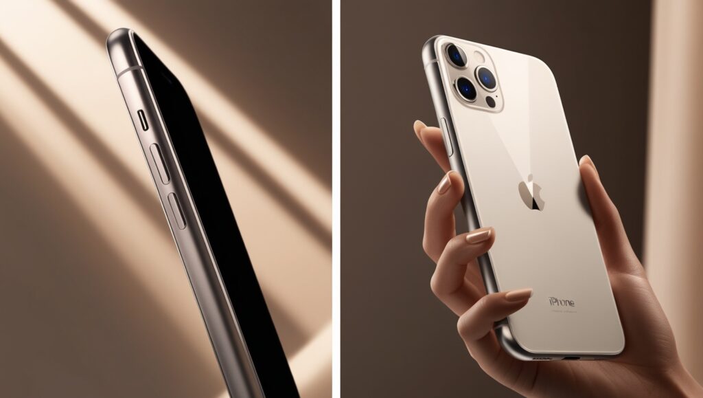 A close-up shot of the iPhone 15 Pro Max’s titanium frame and matte glass back. Another image showing the phone in someone’s hand, emphasizing its handling and build quality.