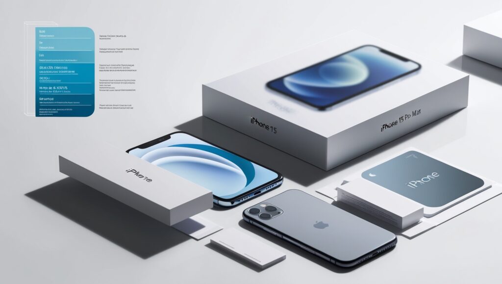 A high-quality photo of the iPhone 15 Pro Max with the box, showing the unboxing process. You can also include an infographic-style image listing the key specifications.